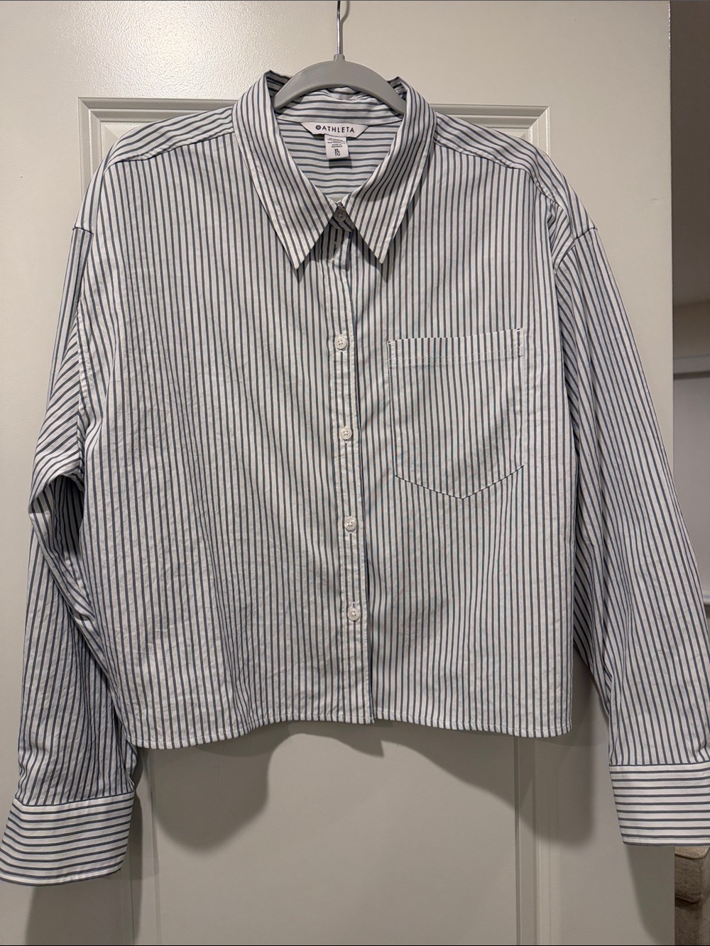 Athleta White Shirt with Blue Pinstripes — Casual Button-Down.  cropped.